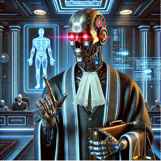 Figure 1 An AI generated photo of a 'surreal and eerie robot lawyer in a futuristic courtroom’ (2024). 